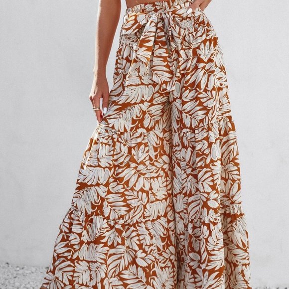 Rust Brown Boho Womens Plants Print Belted Wide Leg Pants - Picture 3 of 5